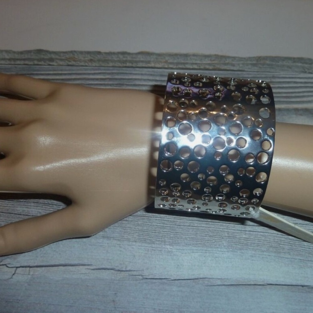 Vintage Silver Plated Cutout Wide Bangle Bracelet